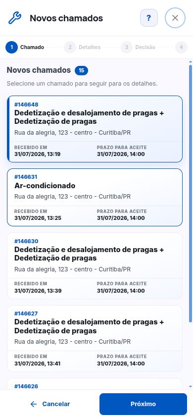 Lista de chamados no aplicativo Refera